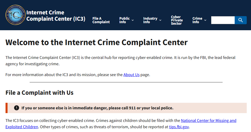 Screenshot of FBI Internet Crime Complaint Center homepage Screenshot of FBI Internet Crime Complaint Center homepage